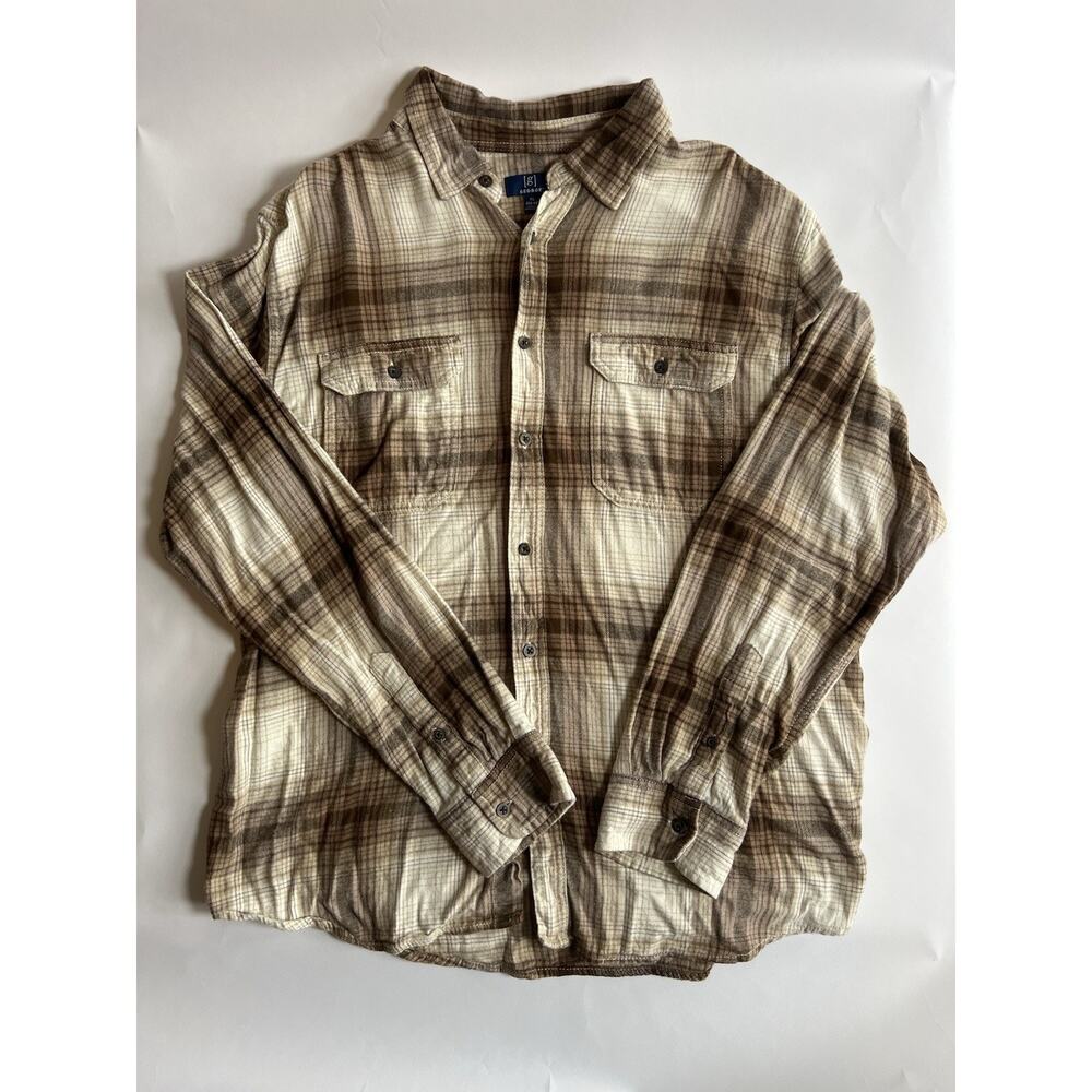 George Men's Beige/Brown Plaid Flannel Button-Up Shirt Long Sleeve Pockets XL